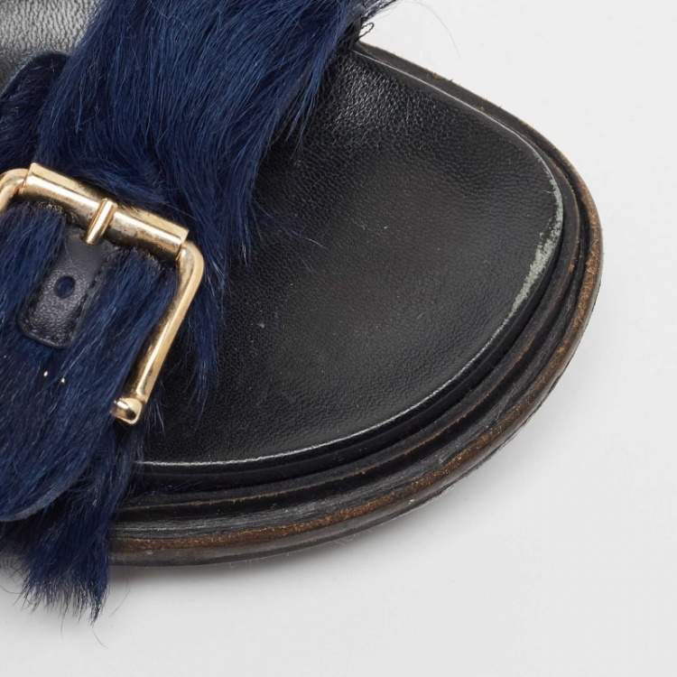 Pre Owned Marni Navy Blue Calf Dad Slingback Sandals Size 38   