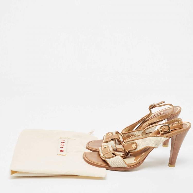 Pre Owned Marni Tan/Off-White Canvas And Leather T-Strap Sandals Size 39