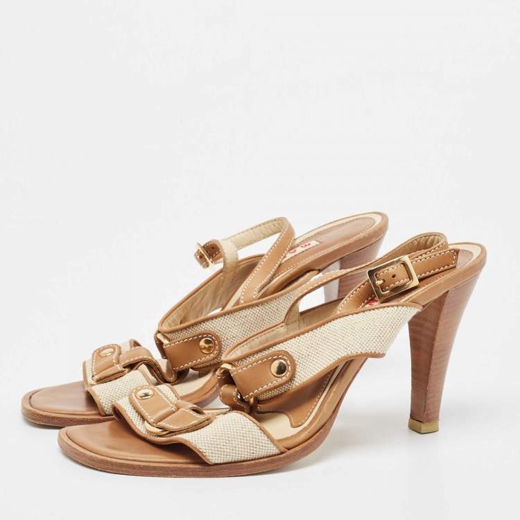 Pre Owned Marni Tan/Off-White Canvas And Leather T-Strap Sandals Size 39