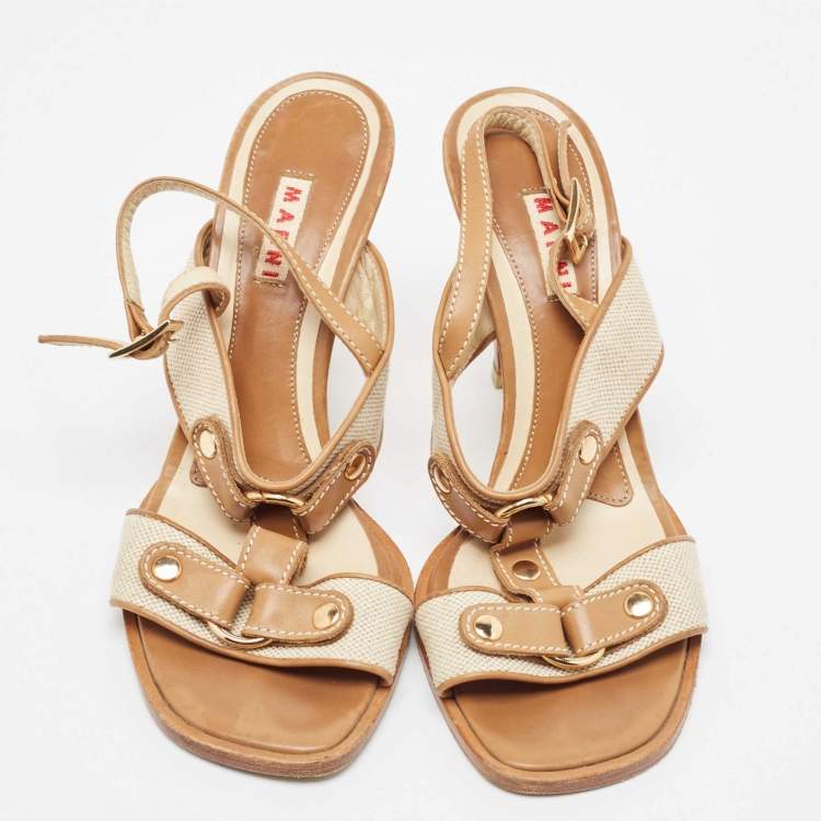 Pre Owned Marni Tan/Off-White Canvas And Leather T-Strap Sandals Size 39