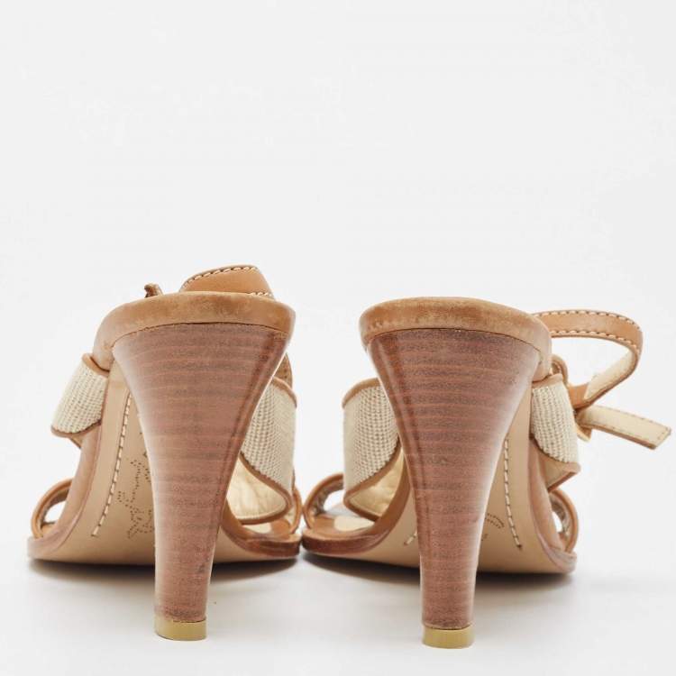 Pre Owned Marni Tan/Off-White Canvas And Leather T-Strap Sandals Size 39