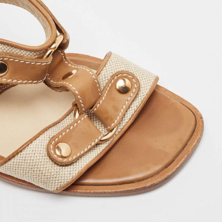 Pre Owned Marni Tan/Off-White Canvas And Leather T-Strap Sandals Size 39