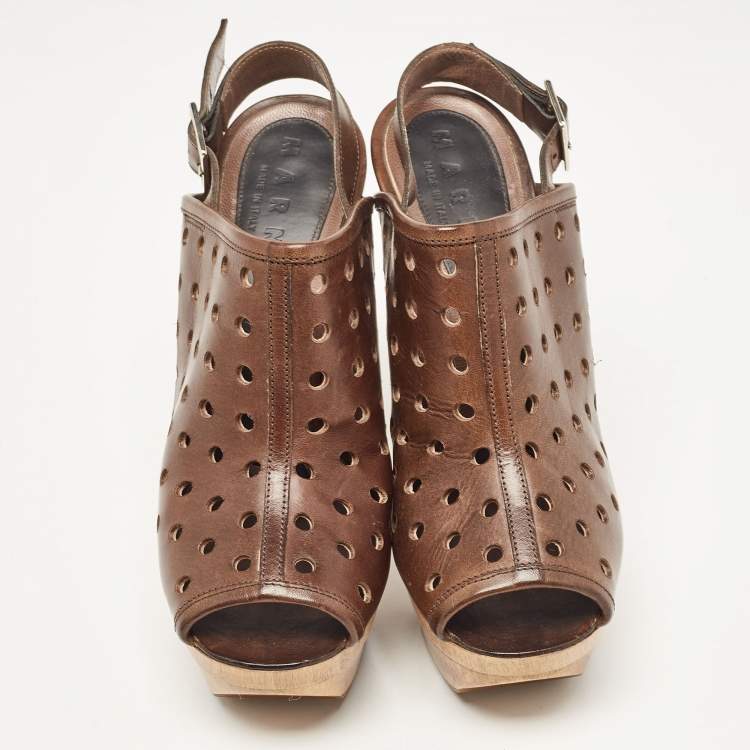 Pre Owned Marni Brown Laser Cut Leather Open Toe Wooden Platform Slingback Sandals Size 37