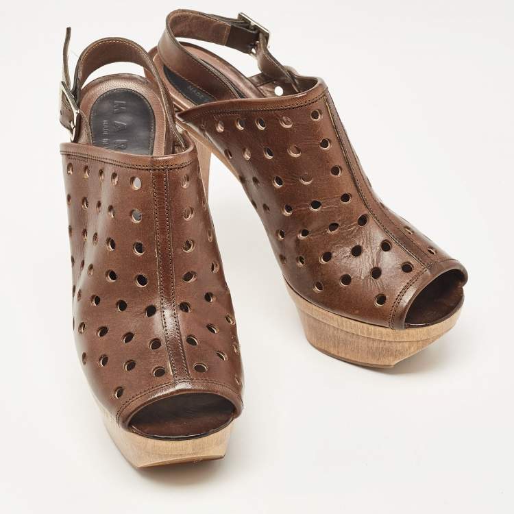 Pre Owned Marni Brown Laser Cut Leather Open Toe Wooden Platform Slingback Sandals Size 37
