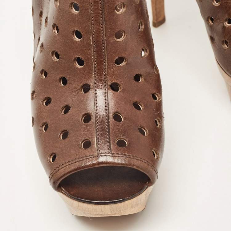 Pre Owned Marni Brown Laser Cut Leather Open Toe Wooden Platform Slingback Sandals Size 37