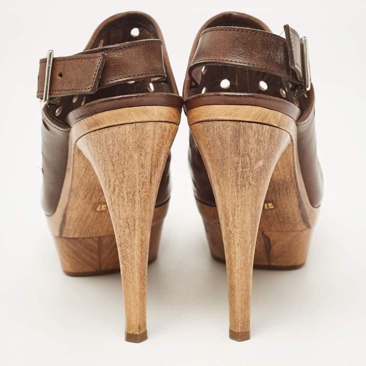 Pre Owned Marni Brown Laser Cut Leather Open Toe Wooden Platform Slingback Sandals Size 37