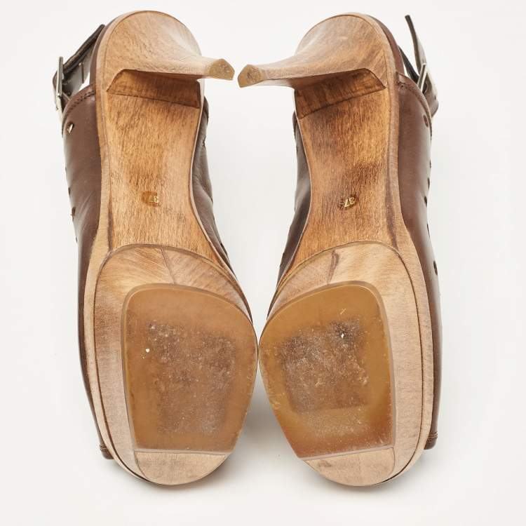 Pre Owned Marni Brown Laser Cut Leather Open Toe Wooden Platform Slingback Sandals Size 37