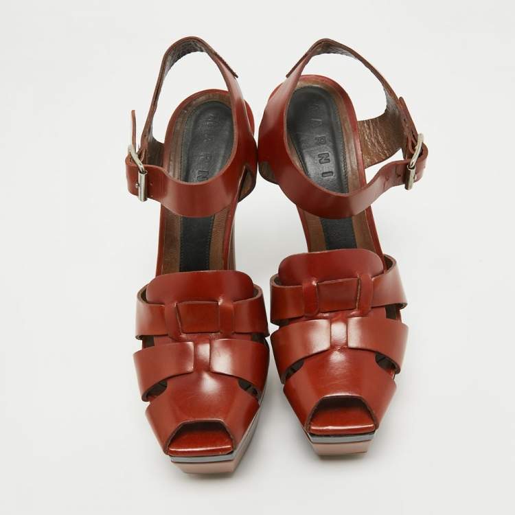 Pre Owned Marni Brown Leather Platform Ankle Strap Sandals Size 38
