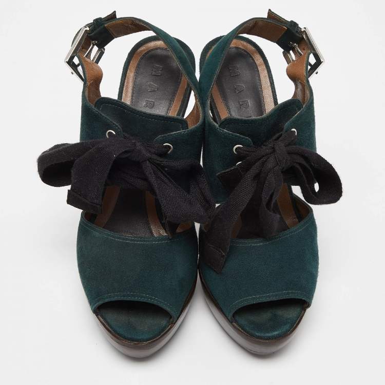 Pre Owned Marni Green Suede Peep Toe Slingback Sandals Size 36