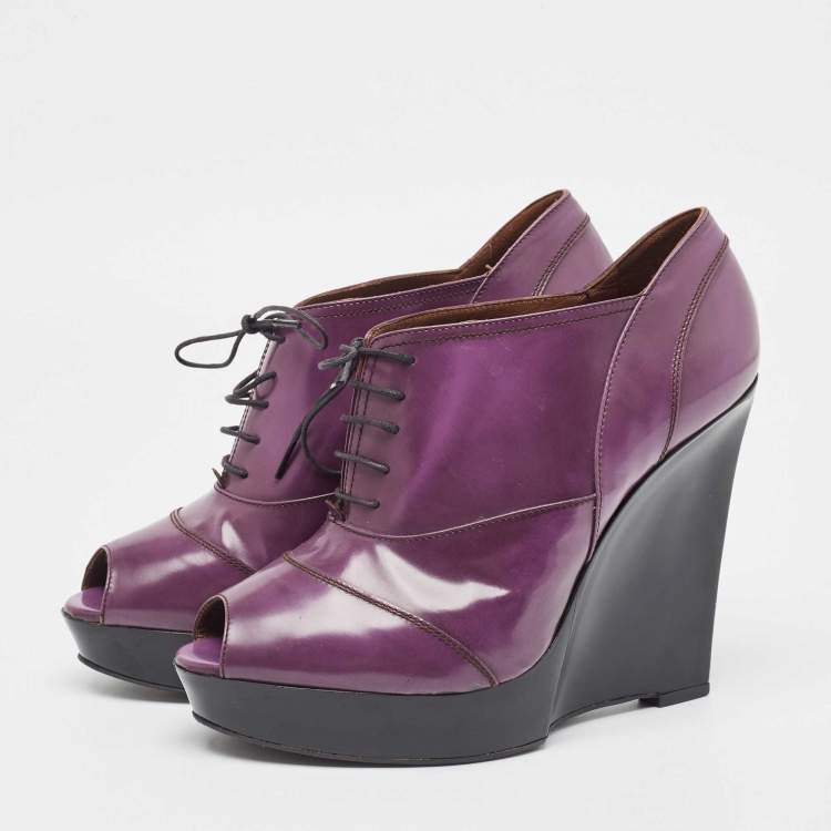 Pre Owned Marni Purple Patent Wedge Peep Toe Boots Size 39