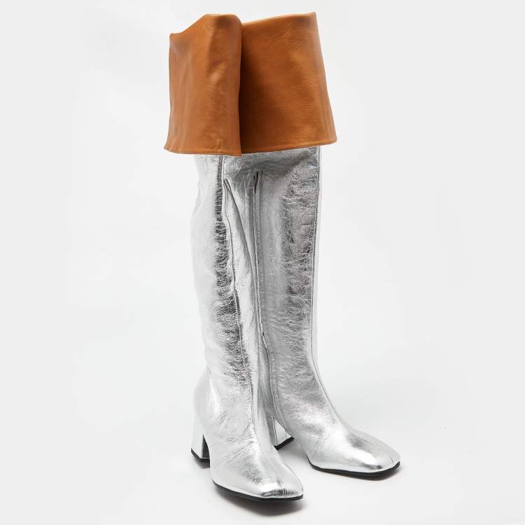 Pre Owned Marni Silver Leather Over The Knee Boots Size 40