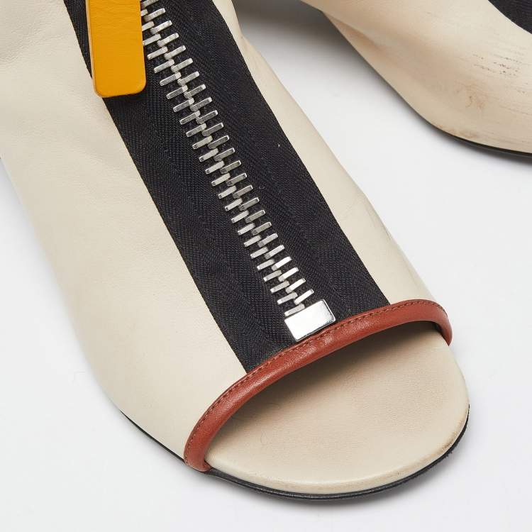 Pre Owned Marni Cream/Black Leather Zip Detail Open Toe Slingback Sandals Size 35