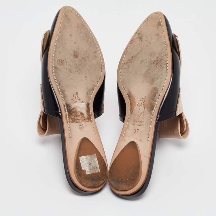 Pre Owned Marni Beige/Black Leather Fringe Flat Mules Size 37