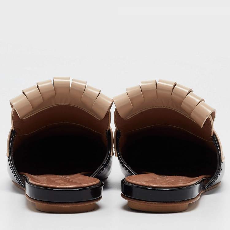 Pre Owned Marni Beige/Black Leather Fringe Flat Mules Size 37