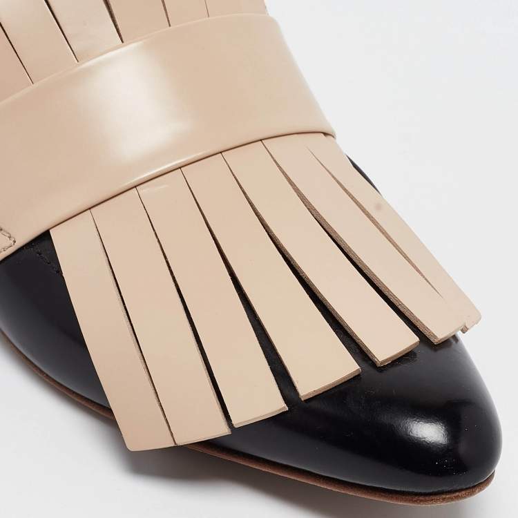 Pre Owned Marni Beige/Black Leather Fringe Flat Mules Size 37