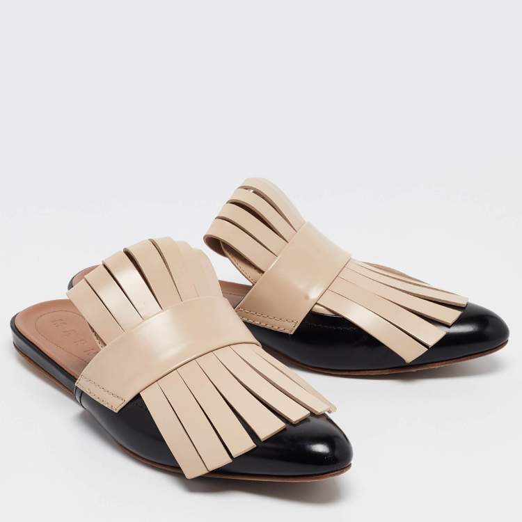 Pre Owned Marni Beige/Black Leather Fringe Flat Mules Size 37