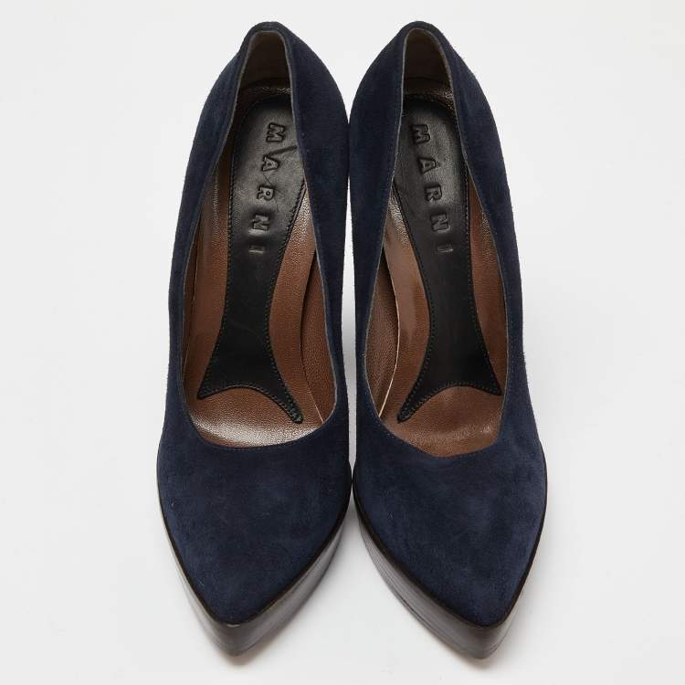 Pre Owned Marni Blue Suede Pointed Toe Platform Pumps Size 38