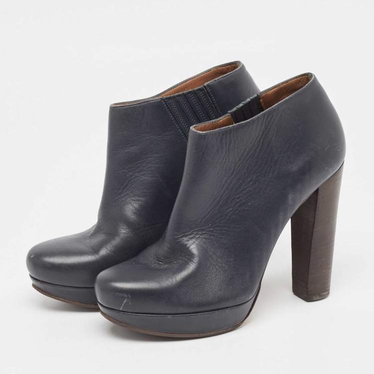 Pre Owned Marni Navy Blue Leather Ankle  Boots Size 38
