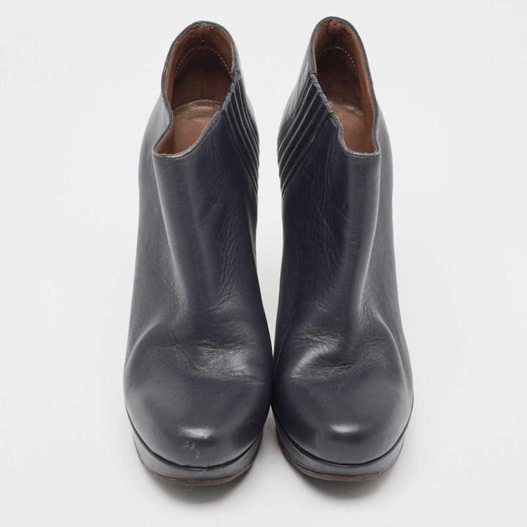 Pre Owned Marni Navy Blue Leather Ankle  Boots Size 38