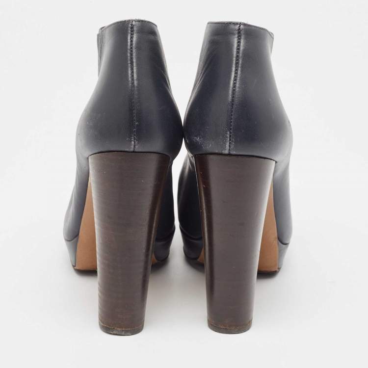 Pre Owned Marni Navy Blue Leather Ankle  Boots Size 38