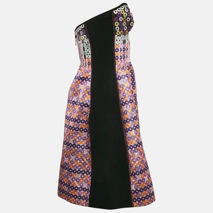 Pre Owned Mary Katrantzou Pink Sequin Print Spiro Jacquard Strapless Mini Dress M