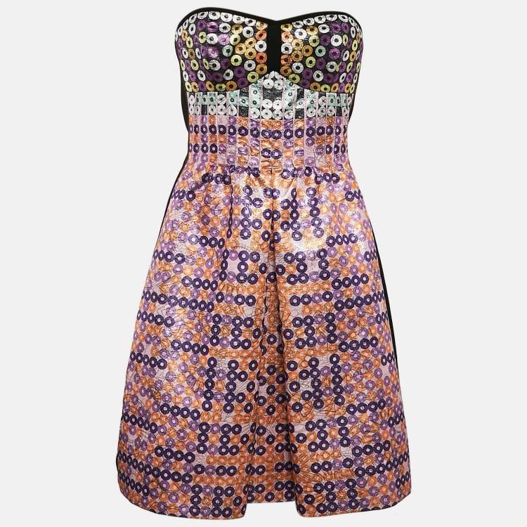 Pre Owned Mary Katrantzou Pink Sequin Print Spiro Jacquard Strapless Mini Dress M