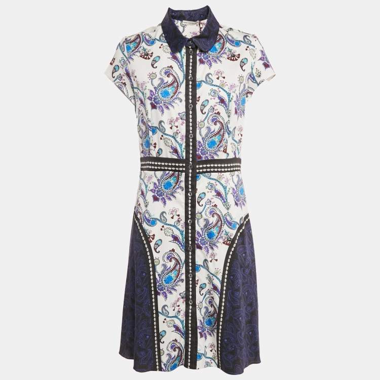Pre Owned Mary Katrantzou White/Blue Printed Cotton Short Dress L