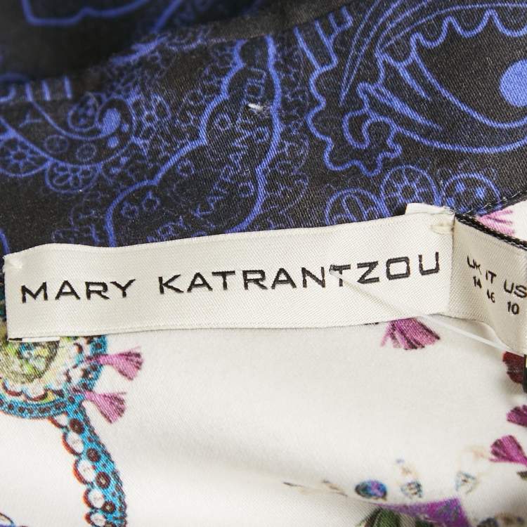 Pre Owned Mary Katrantzou White/Blue Printed Cotton Short Dress L