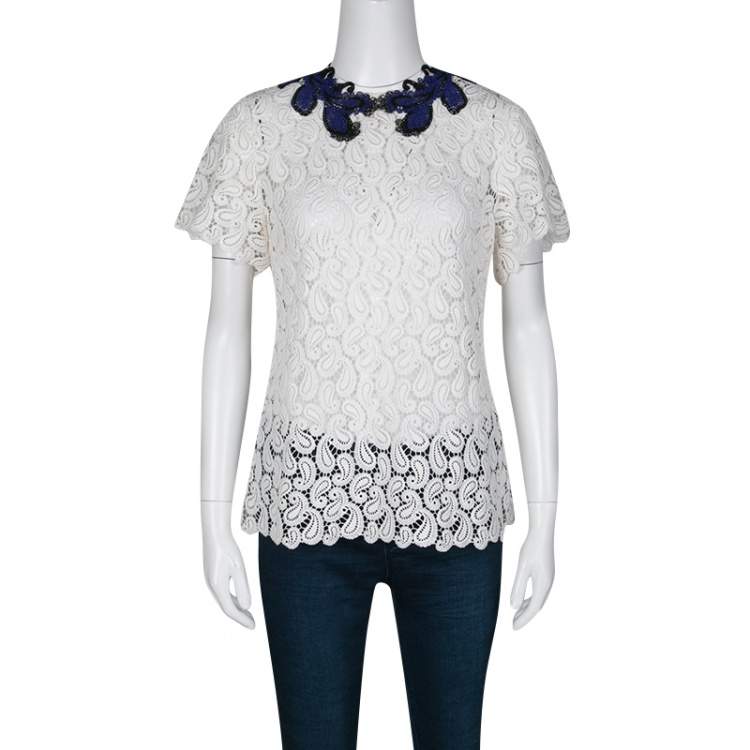 Pre Owned Mary Katrantzou White Paisley Guipure Lace Contrast Applique Birk Top M 