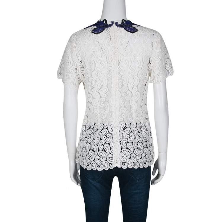 Pre Owned Mary Katrantzou White Paisley Guipure Lace Contrast Applique Birk Top M 