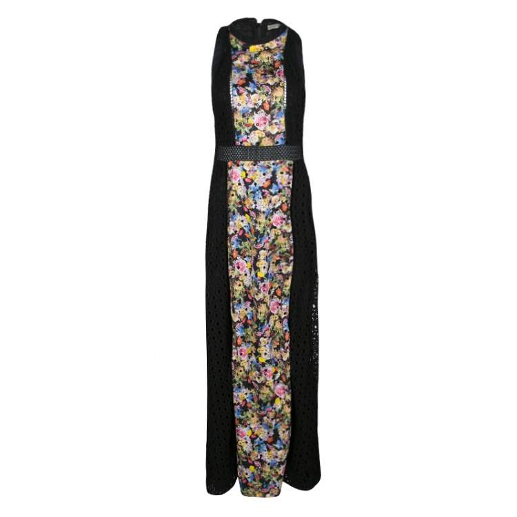 Pre Owned Mary Katrantzou Black Cotton Eyelet Embroidered Floral Printed Alyss Dress M