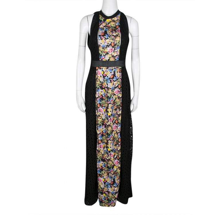 Pre Owned Mary Katrantzou Black Cotton Eyelet Embroidered Floral Printed Alyss Dress M