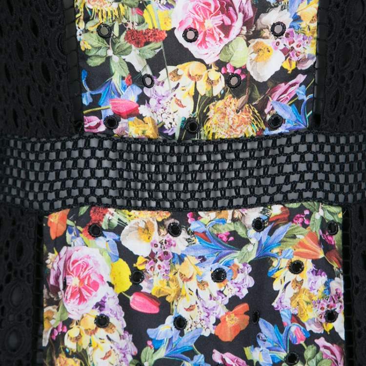 Pre Owned Mary Katrantzou Black Cotton Eyelet Embroidered Floral Printed Alyss Dress M
