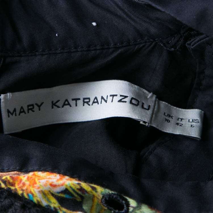 Pre Owned Mary Katrantzou Black Cotton Eyelet Embroidered Floral Printed Alyss Dress M