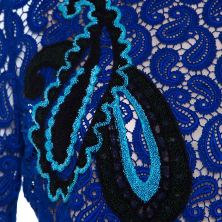 Pre Owned Mary Katrantzou Cobalt Blue Paisley Macrame Lace Overlay Geri Shift Dress M