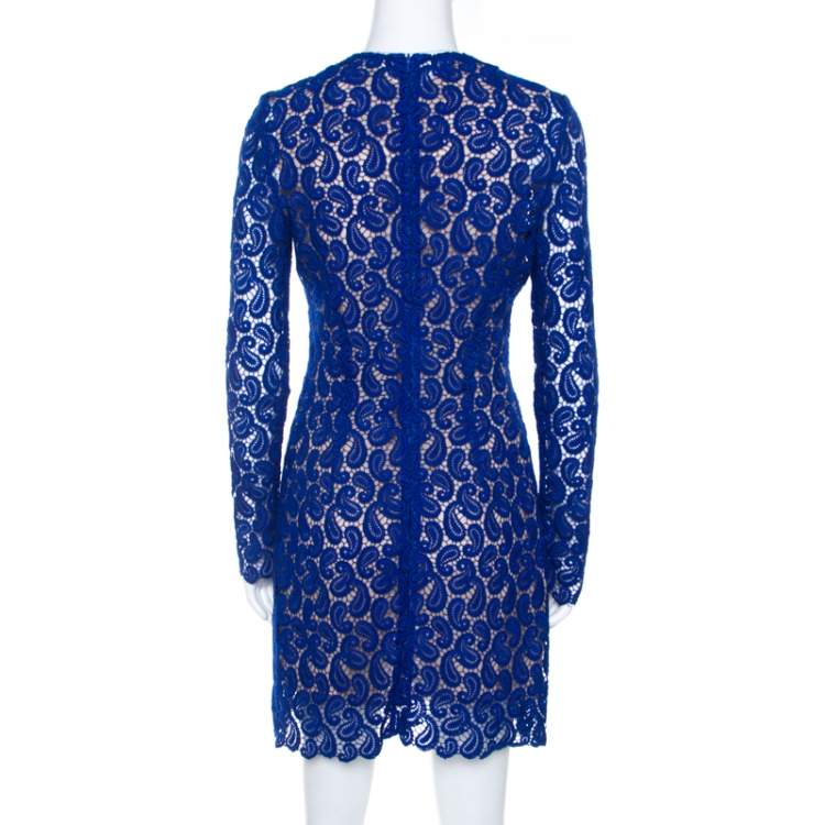 Pre Owned Mary Katrantzou Cobalt Blue Paisley Macrame Lace Overlay Geri Shift Dress M