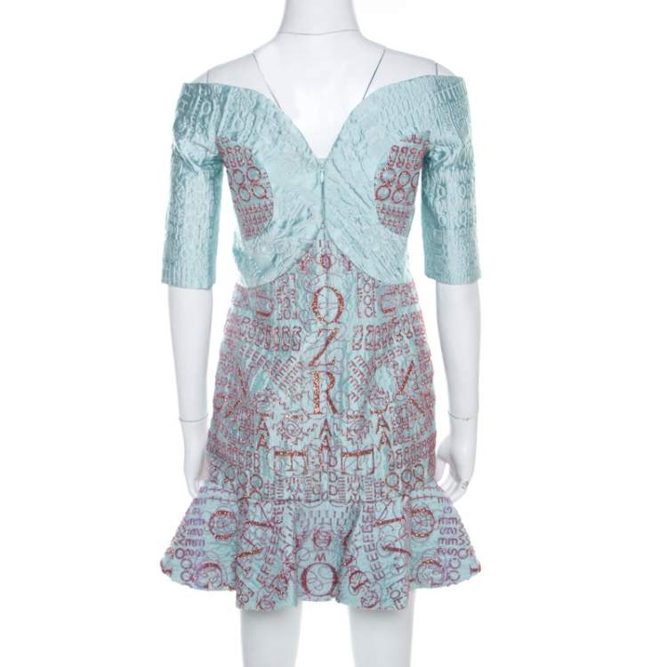 Pre Owned  Mary Katrantzou Mint Blue Jacquard and Glitter De Beau Cocktail Dress M 