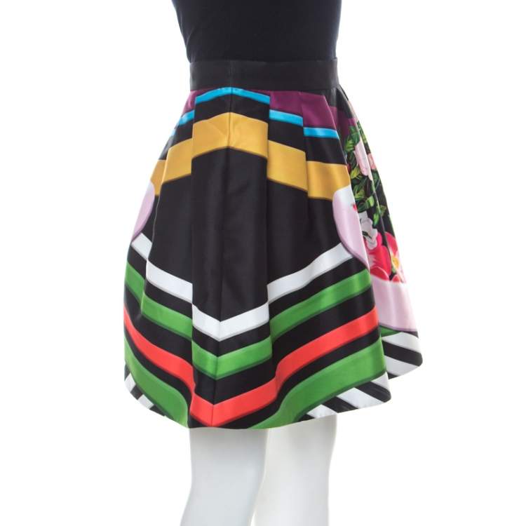 Pre Owned Mary Katrantzou Black Floral & Stripe Print Short Algernon Skirt S