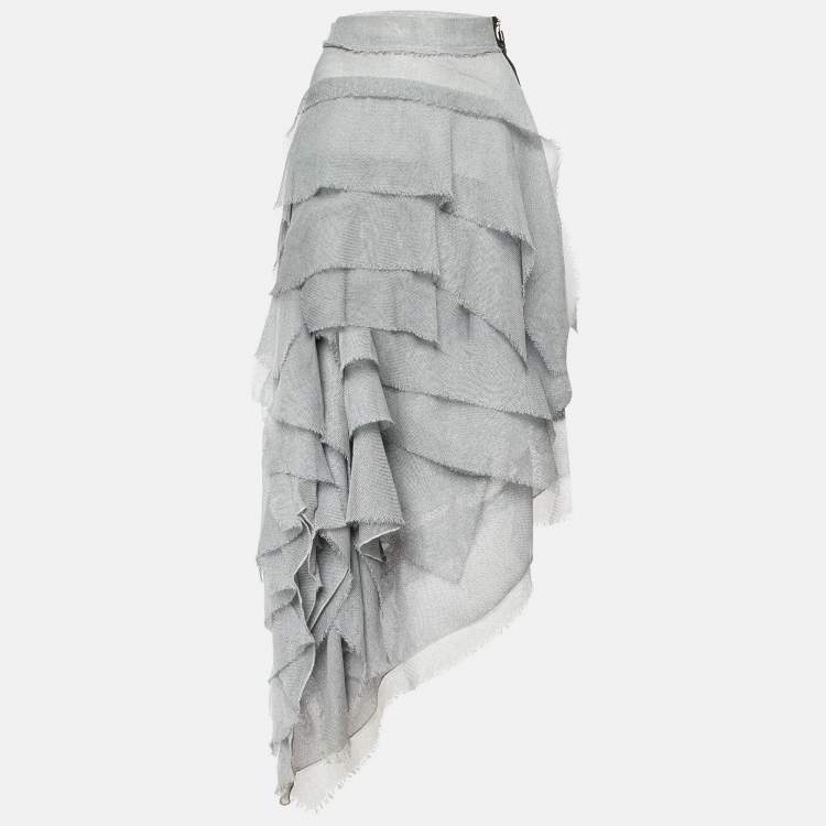 Pre Owned Maticevski Grey Mesh Tiered Drape Asymmetric Skirt M