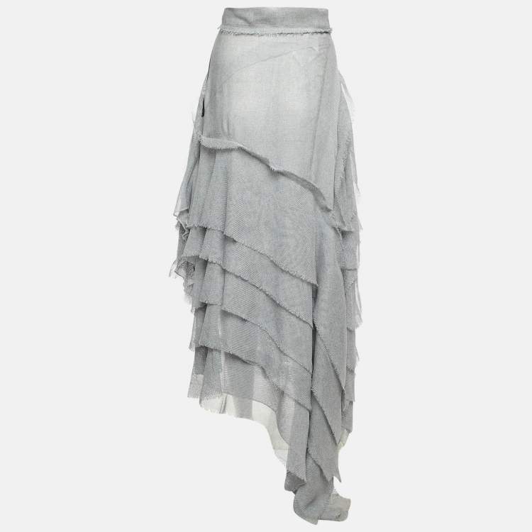 Pre Owned Maticevski Grey Mesh Tiered Drape Asymmetric Skirt M