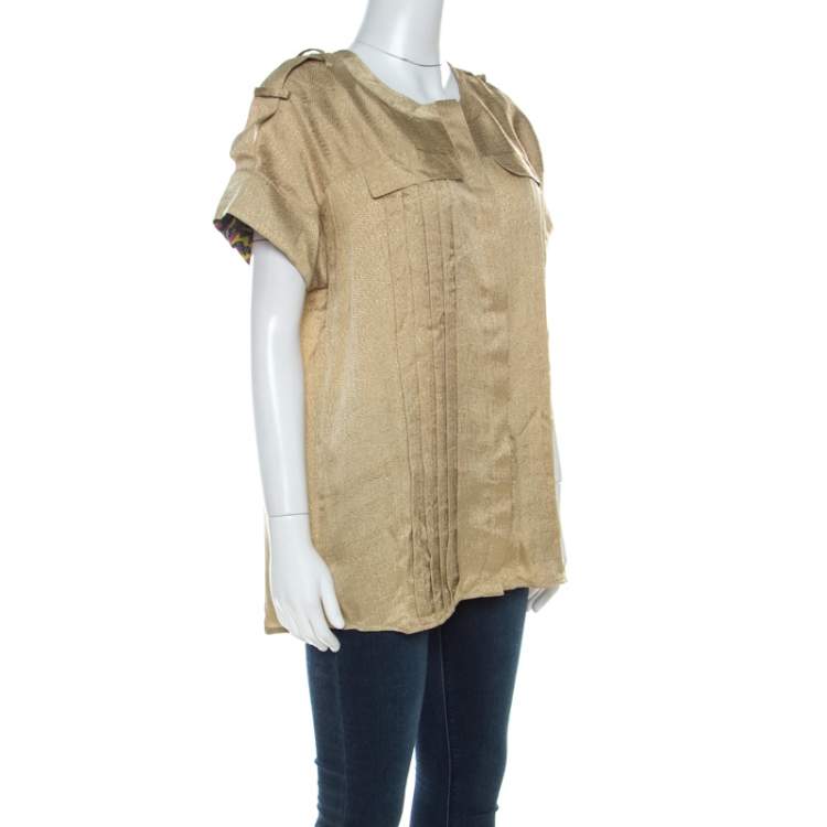 Pre Owned Matthew Williamson Gold Silk Pin-Tuck Detail Top M