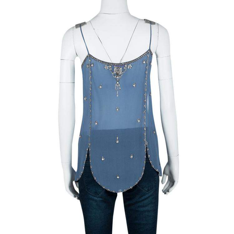 Pre Owned Matthew Williamson Blue Crystal Embellished Sleeveless Silk Top M