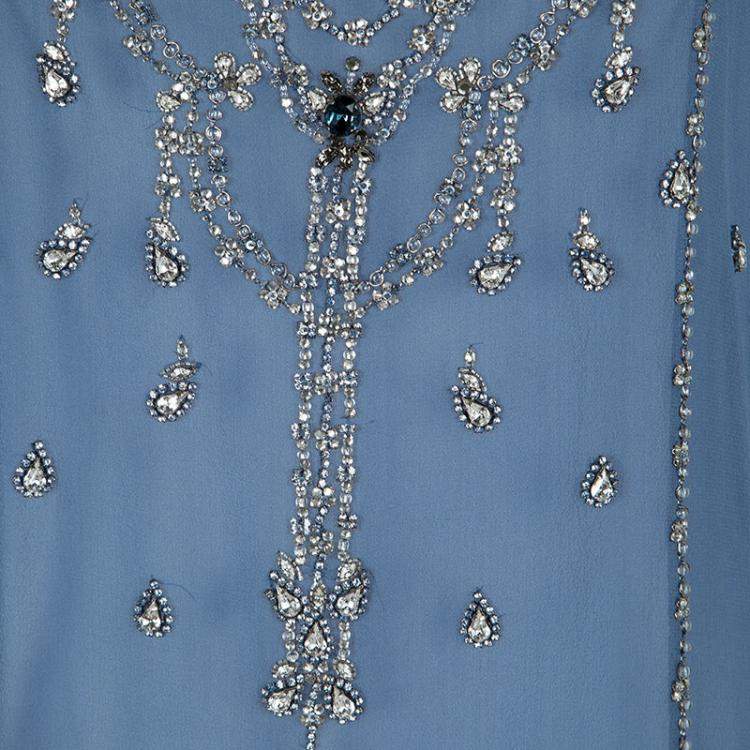 Pre Owned Matthew Williamson Blue Crystal Embellished Sleeveless Silk Top M