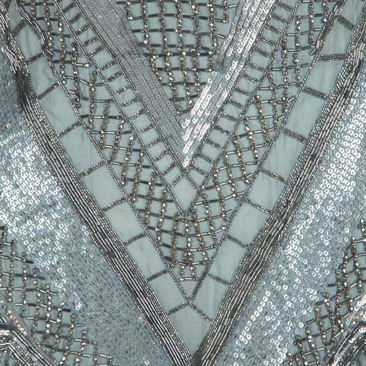 Pre Owned Matthew Williamson Grey Embellished Silk Cap Sleeve Dress M