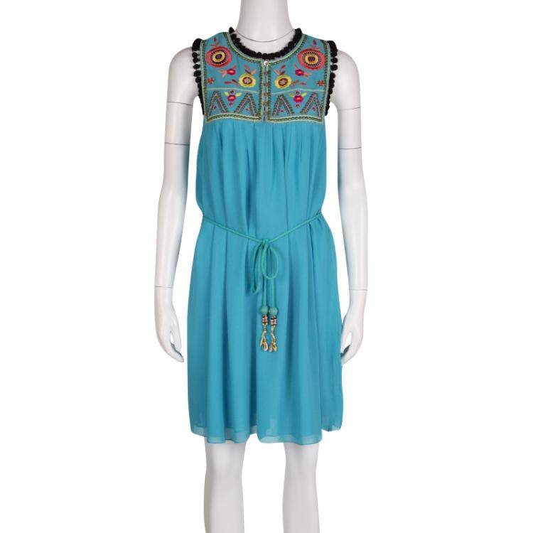 Pre Owned Matthew Williamson Escape Blue Floral Embroidered Silk Pom Pom Trim Sleeveless Dress M