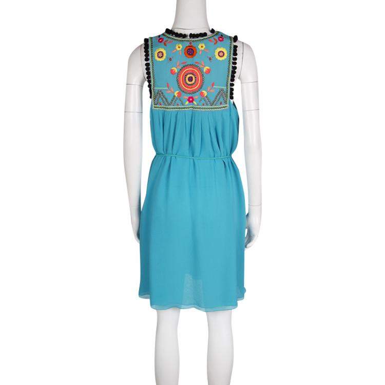 Pre Owned Matthew Williamson Escape Blue Floral Embroidered Silk Pom Pom Trim Sleeveless Dress M