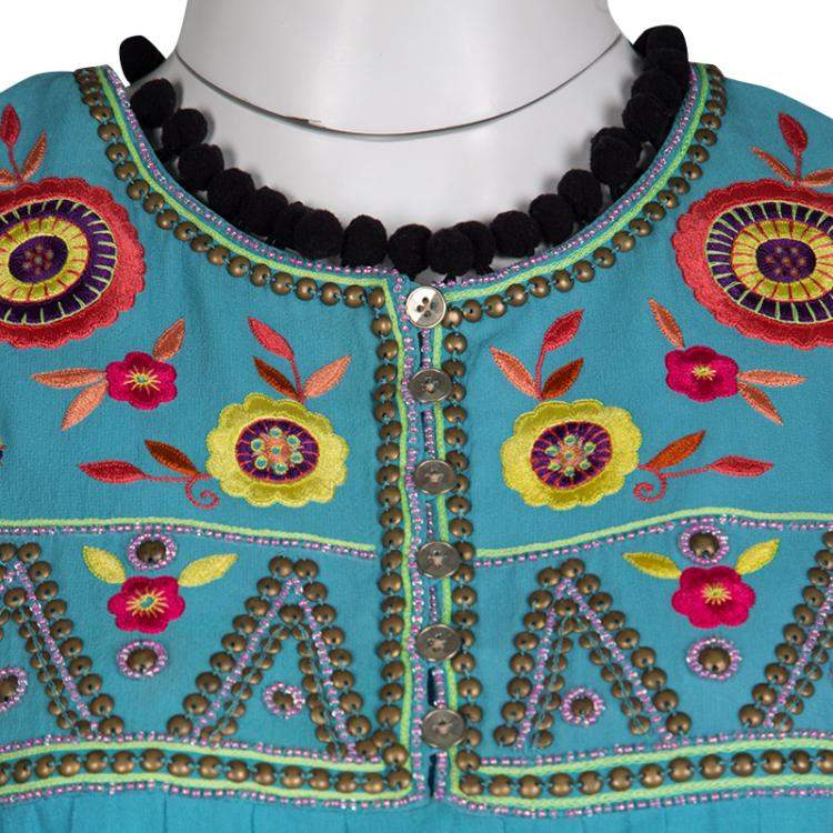 Pre Owned Matthew Williamson Escape Blue Floral Embroidered Silk Pom Pom Trim Sleeveless Dress M