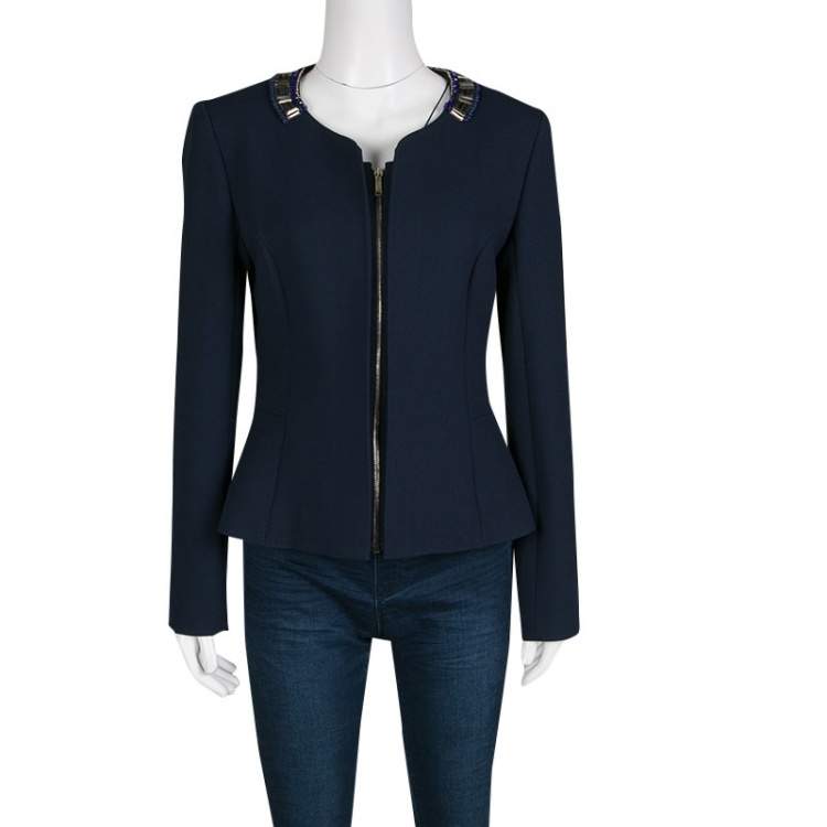 Pre Owned Matthew Williamson Navy Blue Embellished Neck Detail Zip Front Jacket M