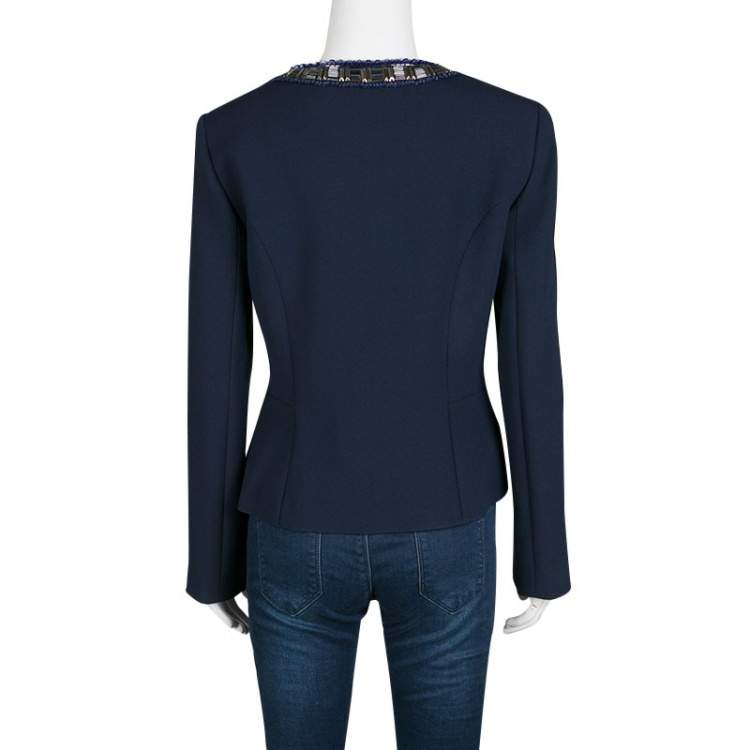 Pre Owned Matthew Williamson Navy Blue Embellished Neck Detail Zip Front Jacket M
