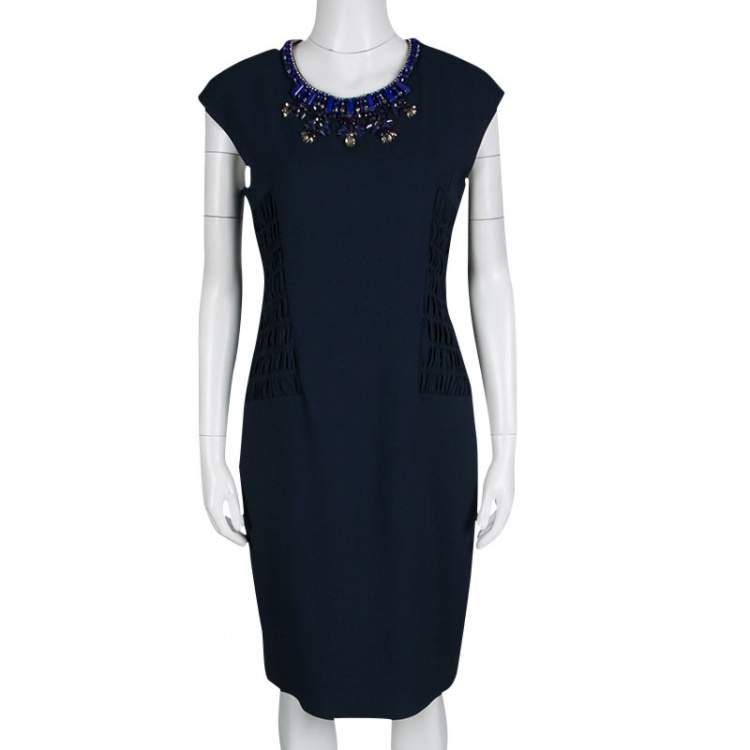 Pre Owned Matthew Williamson Navy Blue Smocked Waist Detail Embellished Neck Sleeveless Dress M